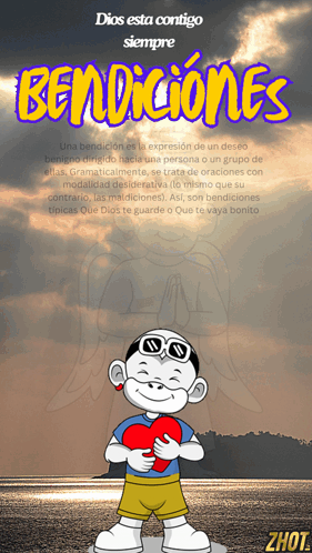A Cartoon Of A Boy Holding A Heart With The Words Dios Esta Contigo Siempre Bendiciones Below Him GIF