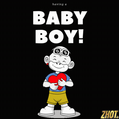 A Cartoon Of A Boy Holding A Heart With The Words " Having A Baby Boy " Below Him GIF