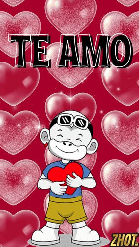 A Cartoon Of A Boy Holding A Heart With The Words Te Amo Written On It GIF