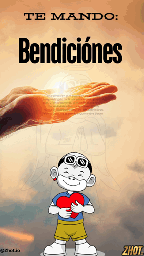 A Cartoon Of A Boy Holding A Heart With The Words Te Mando Bendiciones Above Him GIF