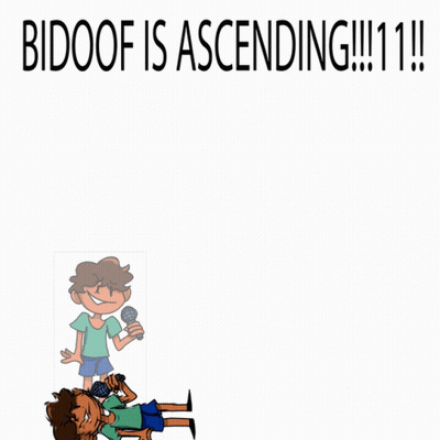 A Cartoon Of A Boy Holding A Microphone And The Words " Bidoof Is Ascending " GIF
