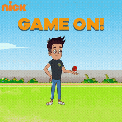 A Cartoon Of A Boy Holding A Red Ball With The Words Game On Above Him GIF