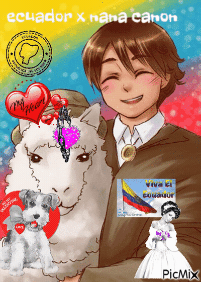 A Cartoon Of A Boy Holding A Sheep With The Words Ecuador X Nana Canon On The Bottom GIF