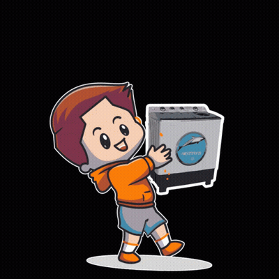 A Cartoon Of A Boy Holding A Washing Machine That Says Lg On It GIF