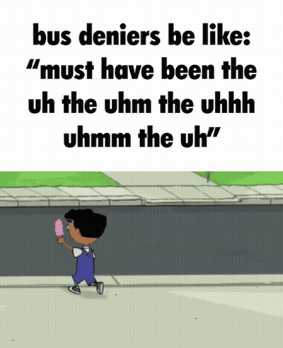 A Cartoon Of A Boy Holding An Ice Cream Cone With The Words " Bus Deniers Be Like " Above Him GIF