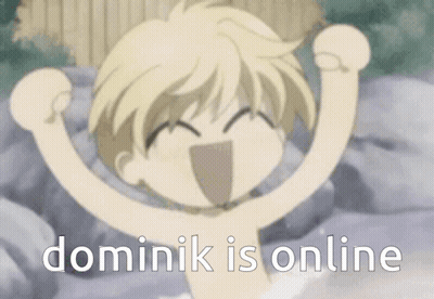 A Cartoon Of A Boy In A Bathtub With His Arms In The Air And The Words `` Dominik Is Online '' . GIF