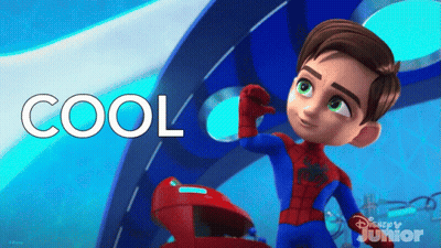 A Cartoon Of A Boy In A Spiderman Costume With The Word Cool Above Him GIF