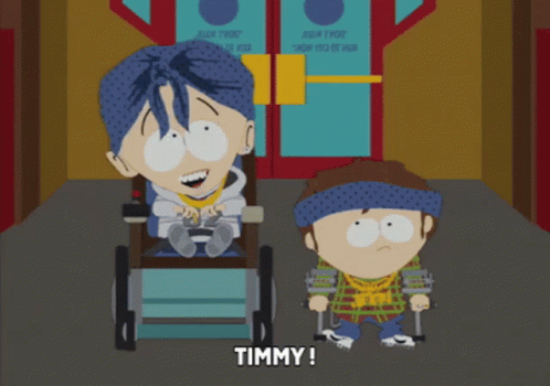 A Cartoon Of A Boy In A Wheelchair And A Boy With Crutches Saying Timmy GIF