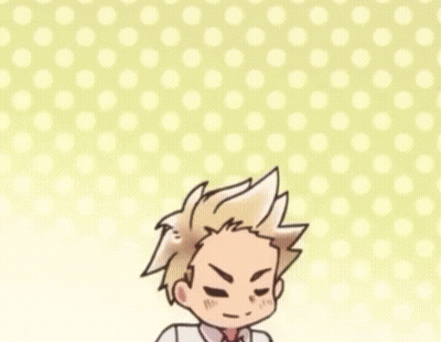 A Cartoon Of A Boy In A White Shirt And Tie Is Standing In Front Of A Polka Dot Background . GIF