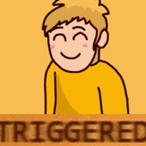 A Cartoon Of A Boy In A Yellow Sweater With The Word Triggered Behind Him GIF