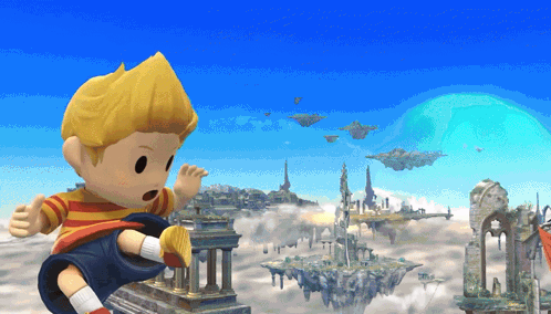 A Cartoon Of A Boy Jumping In The Air With A Blue Sky In The Background GIF