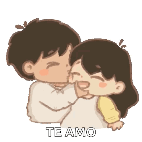 A Cartoon Of A Boy Kissing A Girl On The Cheek With The Words Te Amo Below Them GIF