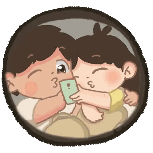 A Cartoon Of A Boy Kissing Another Boy On The Cheek While Looking At A Cell Phone Sticker