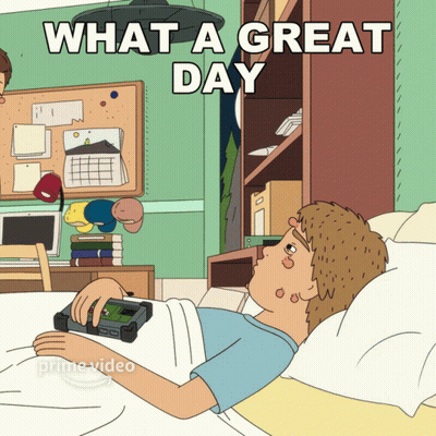 A Cartoon Of A Boy Laying In Bed With The Words What A Great Day GIF