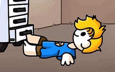 A Cartoon Of A Boy Laying On The Floor Next To A Refrigerator . GIF