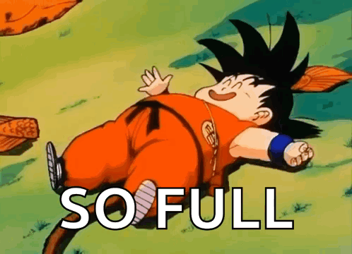 A Cartoon Of A Boy Laying On The Ground With The Words `` So Full '' Written On The Bottom . GIF