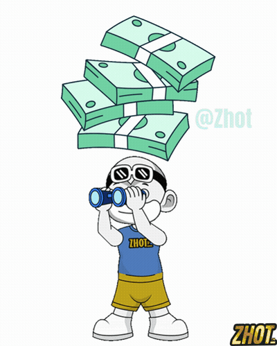 A Cartoon Of A Boy Looking Through Binoculars With A Stack Of Money Behind Him GIF