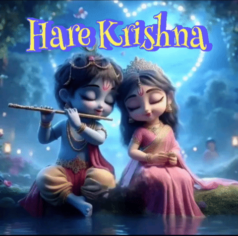 A Cartoon Of A Boy Playing A Flute And A Girl Sitting Next To Each Other With The Words Hare Krishna Above Them GIF