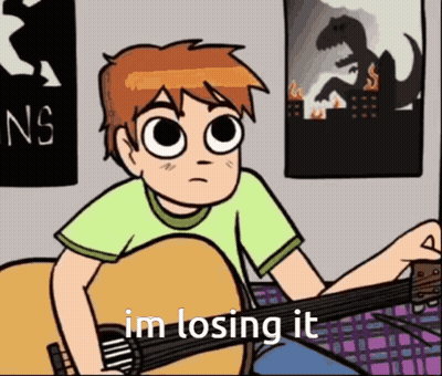 A Cartoon Of A Boy Playing A Guitar With The Words I 'M Losing It Above Him GIF