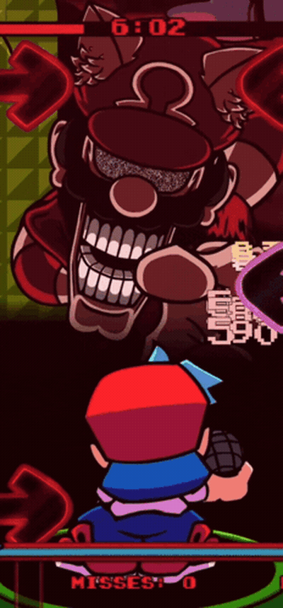 A Cartoon Of A Boy Playing A Video Game With A Monster Behind Him And The Words Misses 0 On The Bottom GIF