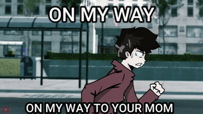 A Cartoon Of A Boy Running With The Words On My Way On My Way To Your Mom Below Him GIF