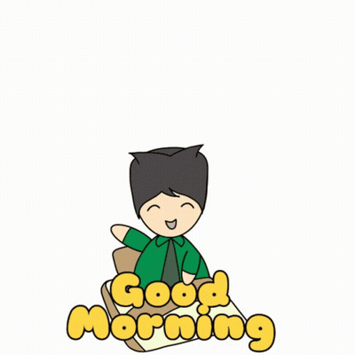 A Cartoon Of A Boy Sitting At A Desk With The Words Good Morning Written In Yellow Letters GIF