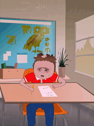 A Cartoon Of A Boy Sitting At A Desk Writing On A Piece Of Paper With A Pencil In His Hand GIF