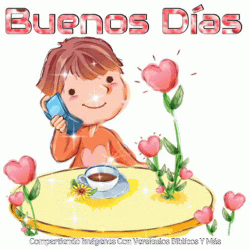 A Cartoon Of A Boy Sitting At A Table With A Cup Of Coffee And A Cell Phone GIF