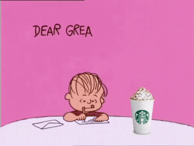 A Cartoon Of A Boy Sitting At A Table With A Starbucks Cup In Front Of Him GIF