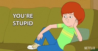 A Cartoon Of A Boy Sitting On A Couch With The Words " You 'Re Stupid " Below Him GIF