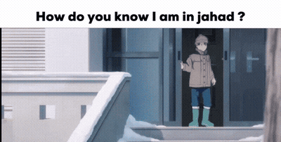 A Cartoon Of A Boy Standing In Front Of A Door With The Words How Do You Know I Am In Jahad GIF