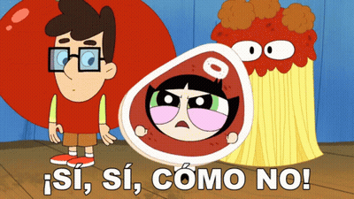 A Cartoon Of A Boy Standing Next To A Cartoon Character With The Words Si Si Como No On The Bottom GIF