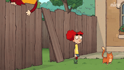 A Cartoon Of A Boy Standing Next To A Cat With The Nick Logo On The Bottom Right GIF