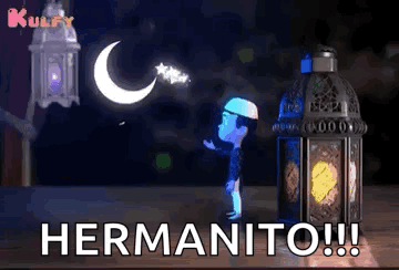 A Cartoon Of A Boy Standing Next To A Lantern With The Words Hermanito !! Written On It . GIF