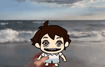 A Cartoon Of A Boy Standing On A Beach With A Hand Reaching Out Towards Him GIF