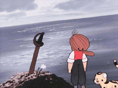 A Cartoon Of A Boy Standing On A Rock Near The Ocean GIF