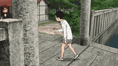 A Cartoon Of A Boy Walking On A Stone Walkway GIF