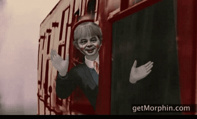 A Cartoon Of A Boy Waving From A Train With The Website Getmorphin.com Visible GIF