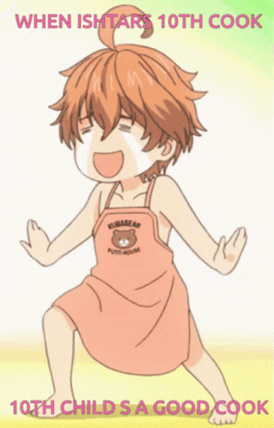 A Cartoon Of A Boy Wearing An Apron That Says Kumabear GIF