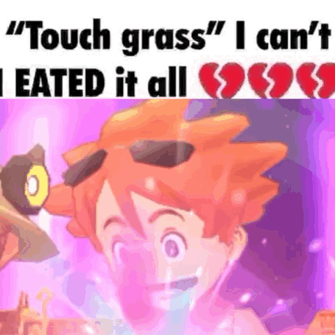A Cartoon Of A Boy With A Broken Heart And The Words `` Touch Grass '' . GIF