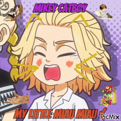 A Cartoon Of A Boy With A Cat On His Head And The Words Mikey Catboy My Little Miau Miau On The Bottom GIF