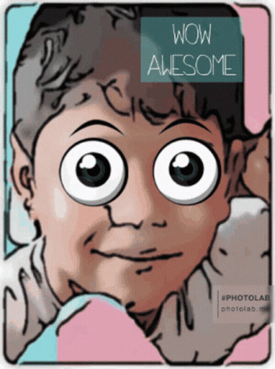 A Cartoon Of A Boy With Big Eyes And The Words Wow Awesome Above Him GIF