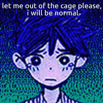 A Cartoon Of A Boy With Blue Hair And A Caption That Says Let Me Out Of The Cage Please I Will Be Normal GIF