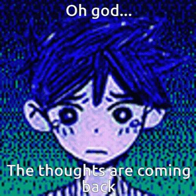 A Cartoon Of A Boy With Blue Hair And A Caption That Says `` Oh God ... The Thoughts Are Coming Back '' . GIF