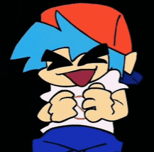 A Cartoon Of A Boy With Blue Hair And A Red Hat GIF