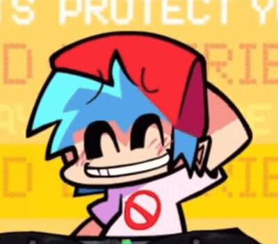 A Cartoon Of A Boy With Blue Hair And A Red Hat Is Smiling While Sitting At A Table . GIF