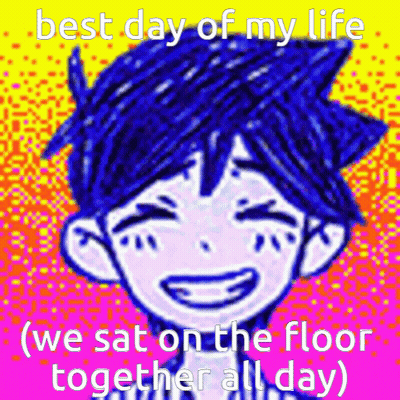 A Cartoon Of A Boy With Blue Hair And The Words `` Best Day Of My Life '' GIF