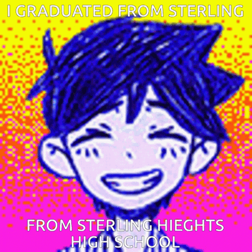 A Cartoon Of A Boy With Blue Hair And The Words I Graduated From Sterling From Sterling Heights High School . GIF
