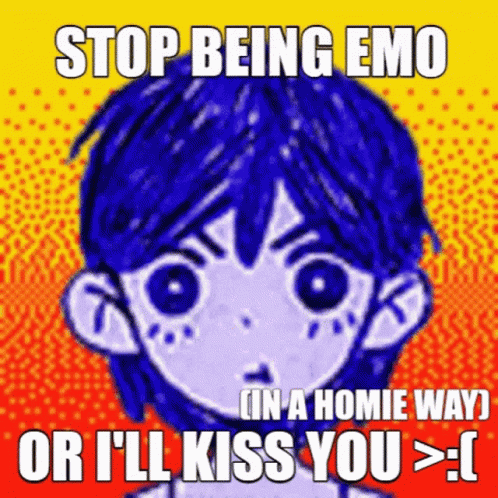 A Cartoon Of A Boy With Blue Hair And The Words `` Stop Being Emo Or I 'Ll Kiss You '' GIF