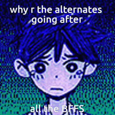 A Cartoon Of A Boy With Blue Hair And The Words Why R The Alternates Going After All The Bffs . GIF